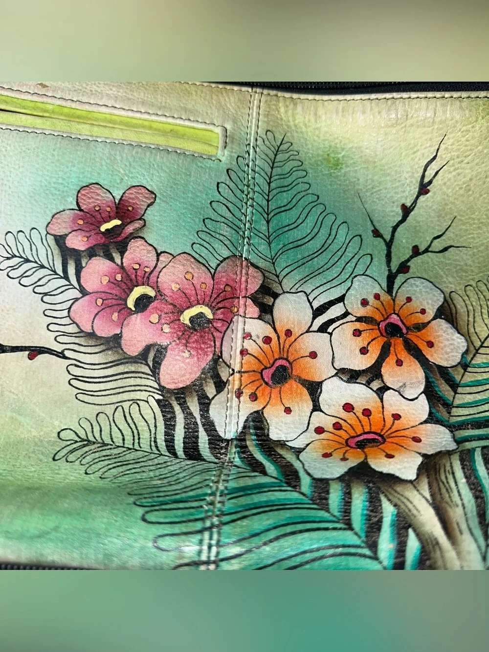 Anuschka Hand Painted Genuine Leather Hobo Shoulder Bag Peacock Floral